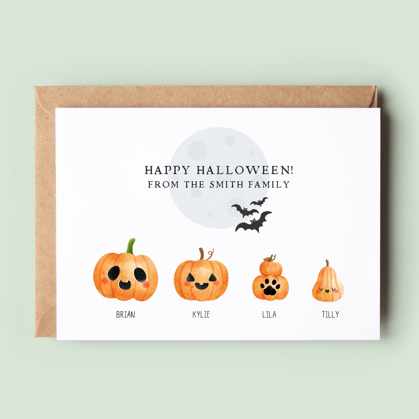 Ink and Fred&#39;s custom Halloween Card featuring personalised pumpkins for family - Mum, Nan, Grandad, Auntie, Uncle.