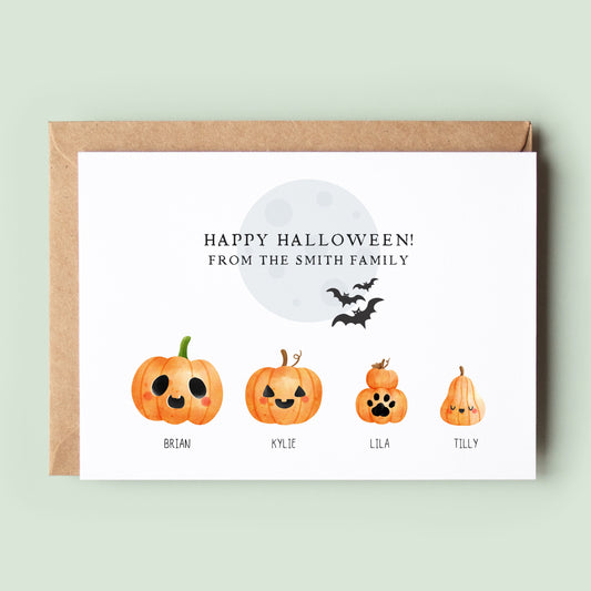 Ink and Fred&#39;s custom Halloween Card featuring personalised pumpkins for family - Mum, Nan, Grandad, Auntie, Uncle.