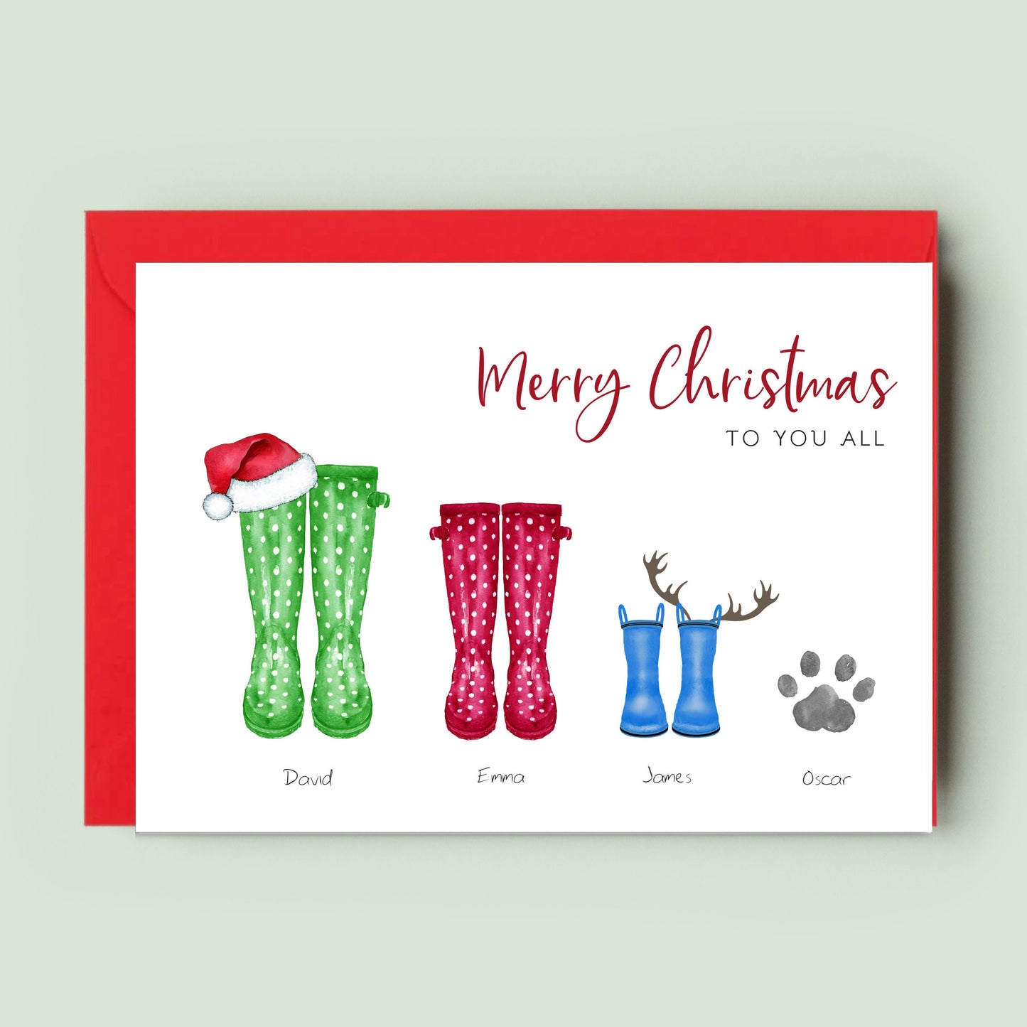 Personalised Christmas card by Ink and Fred showcasing a family in festive welly boots, exemplifying holiday warmth and unity.