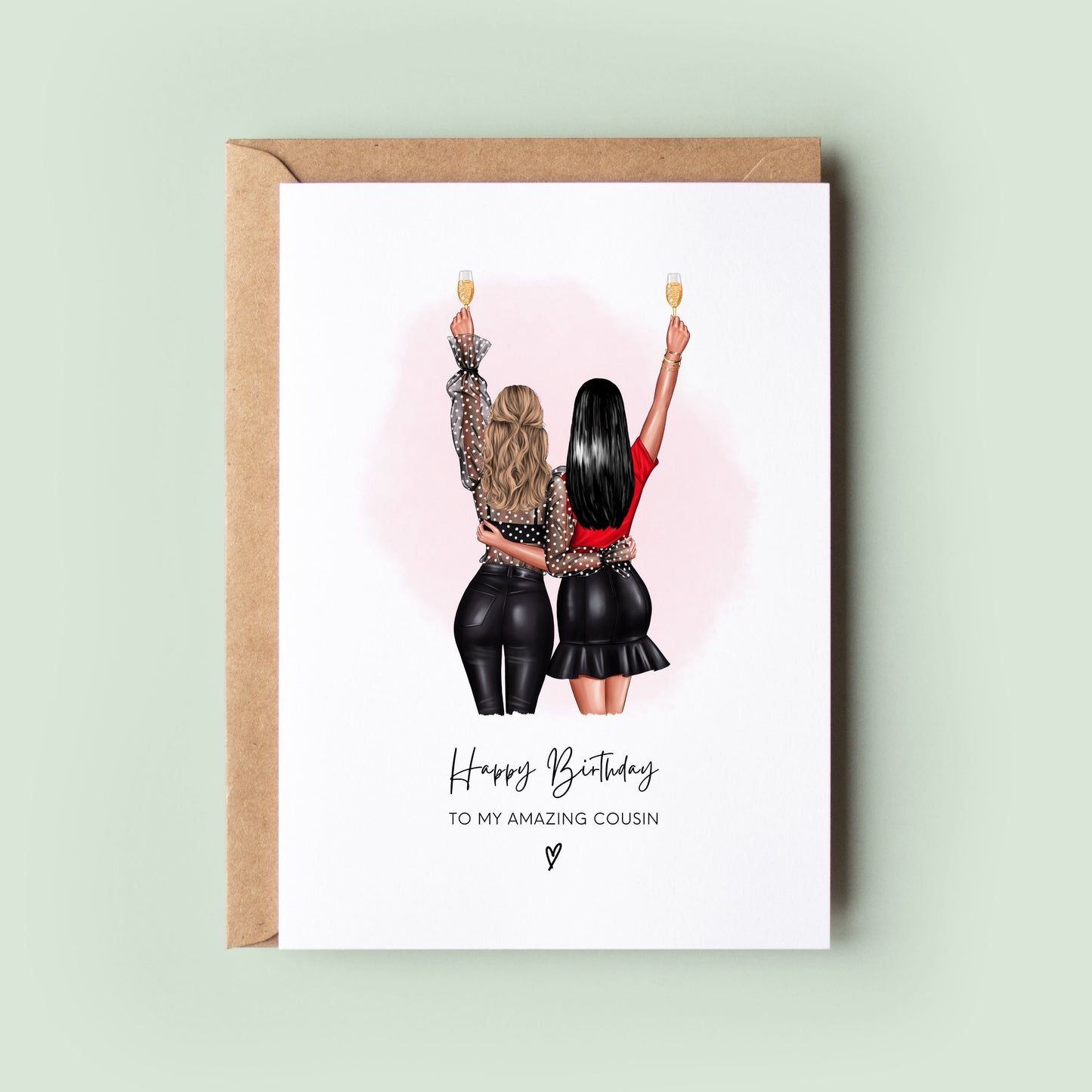 Customised birthday card featuring a unique cousin portrait with options to tailor skin tones, outfits, and hairstyles, capturing the special bond between cousins.