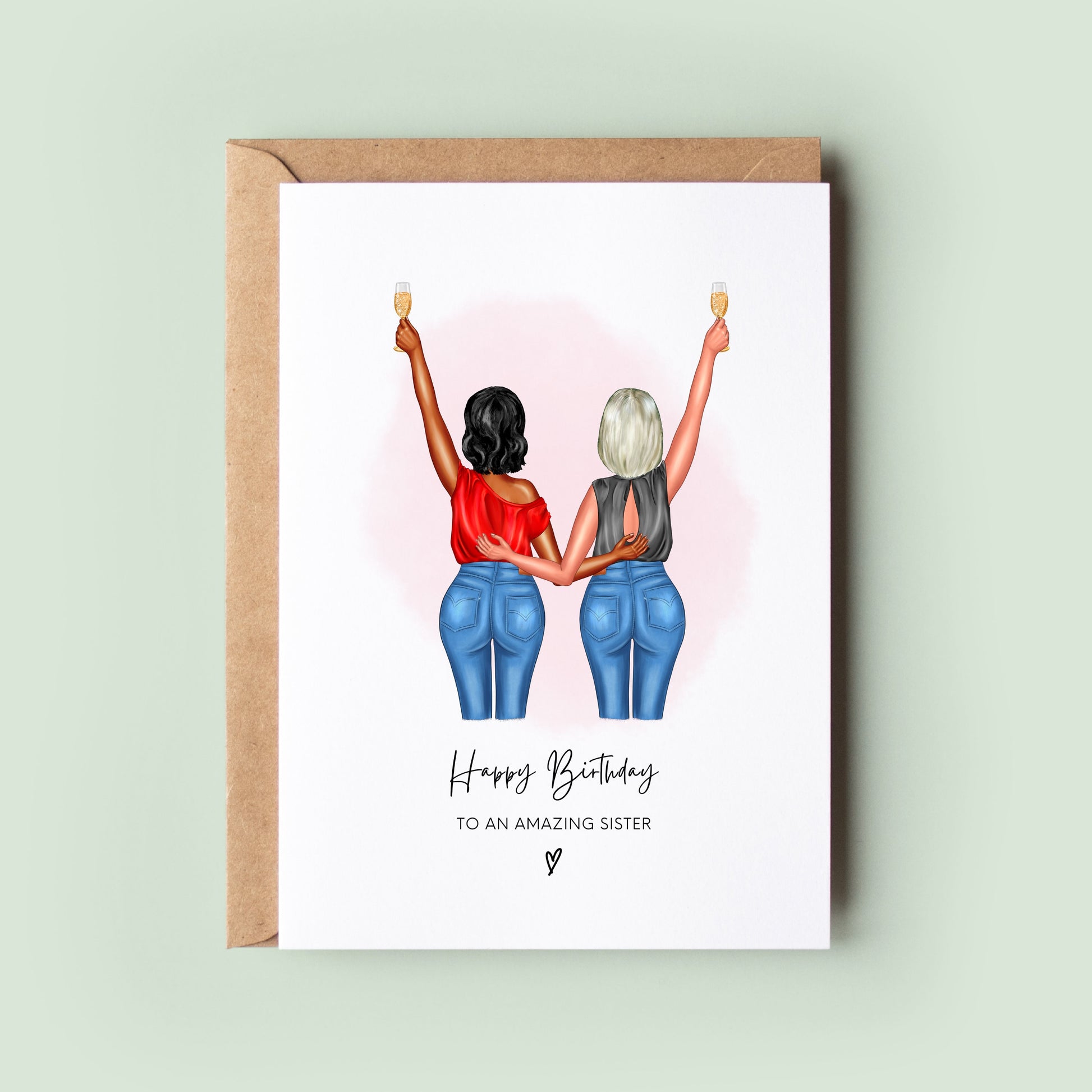 Personalised birthday card featuring customisable figures - tailored hairstyles, tops, jeans, and skin tones, perfect for celebrating the special women in your life.