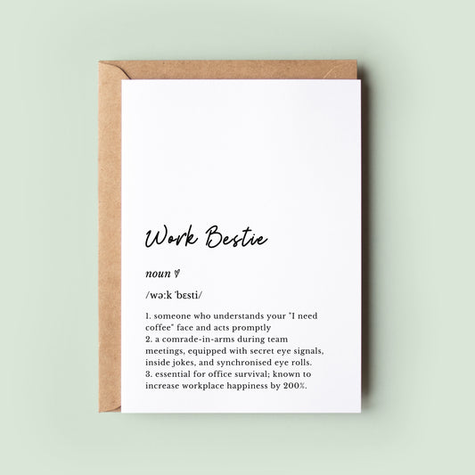 A stylish &#39;Work Bestie&#39; definition card detailing the unique bond shared between office mates, ideal for birthdays, farewells, or special moments.