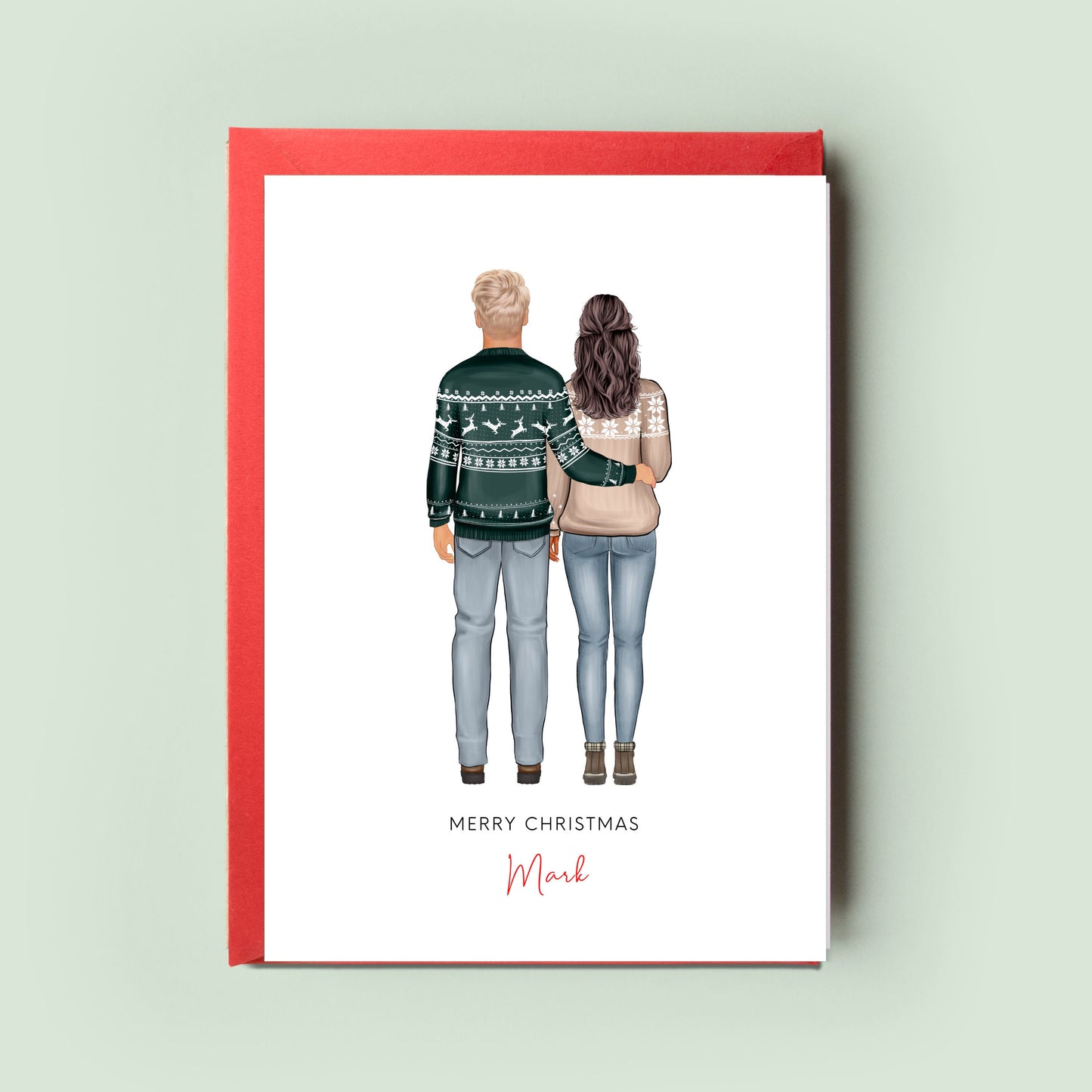 Personalised Couples Christmas Card, featuring customisable skin tones, hairstyles, and outfits, ideal for celebrating a couple&#39;s First Christmas together.