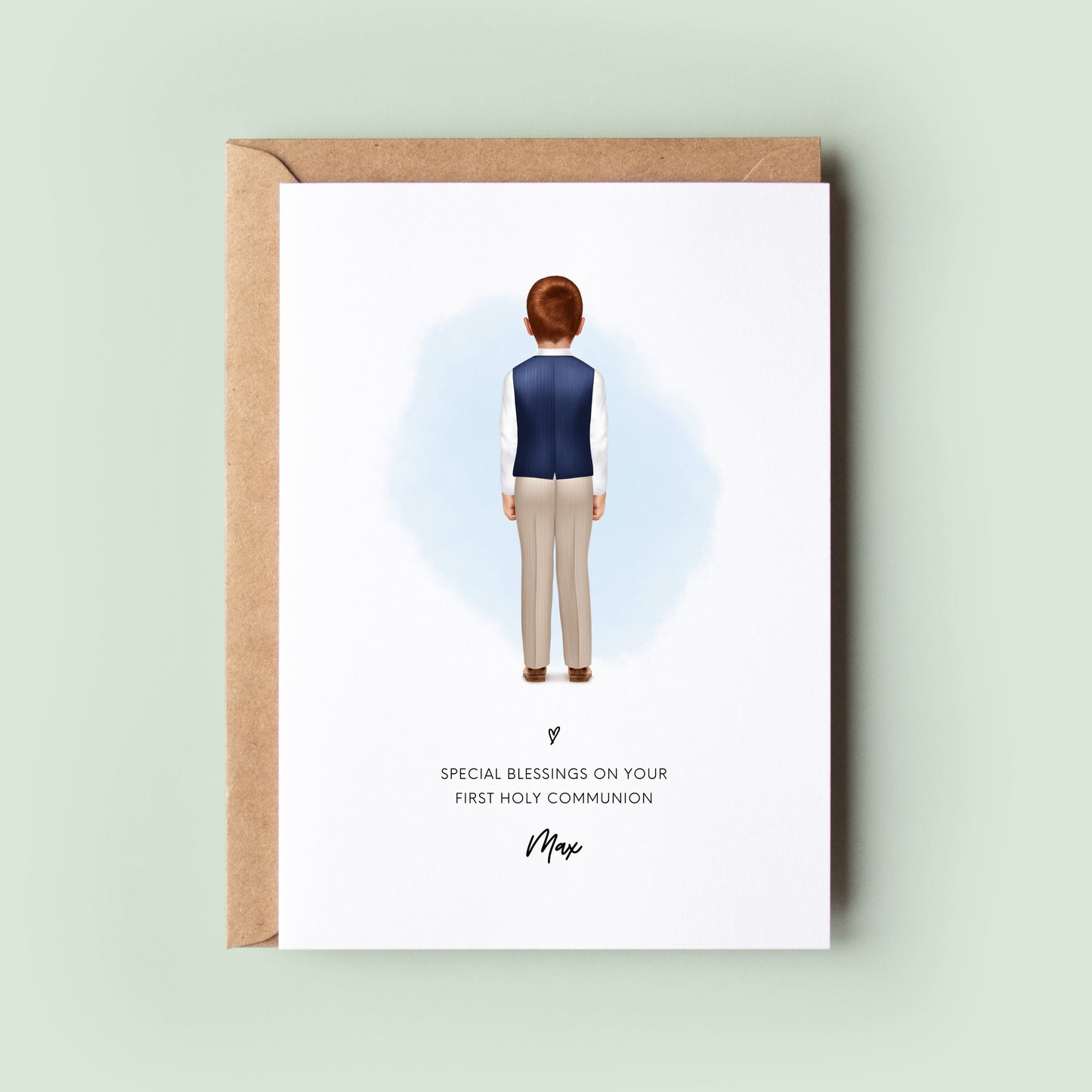 Personalised First Holy Communion card for boys with custom name and date.