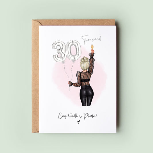 Personalised social media milestone card celebrating follower achievements with customisation options for hair, outfits, balloons and the desired follower count.