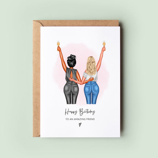 Personalised birthday card featuring customisable figures - tailored hairstyles, tops, jeans, and skin tones, perfect for celebrating the special women in your life.