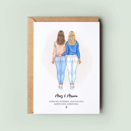 Personalised anniversary card for lesbian couples, showcasing customisable features representing LGBTQ pride and love.