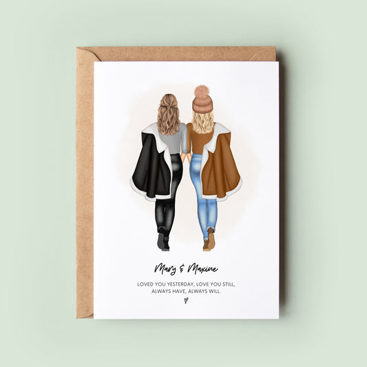 Personalised Autumn/Winter-themed Lesbian Anniversary or Birthday Card, showcasing an intimate, customisable lesbian couple embracing in seasonal attire, celebrating love and pride.