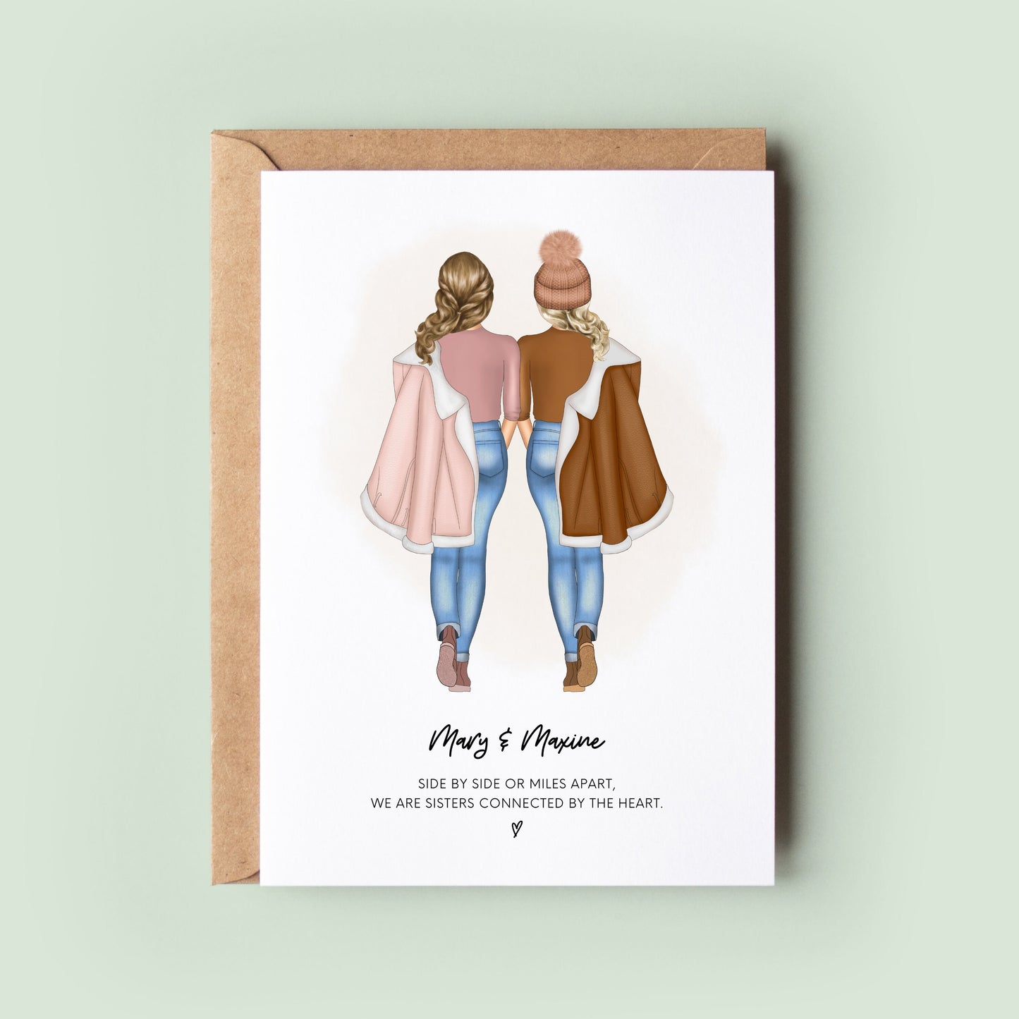 Charming personalised Autumn/Winter-themed Sister Birthday Card, featuring two sisters in customisable seasonal attire, sharing a tender, joy-filled moment.