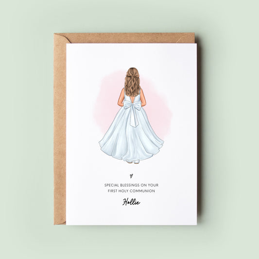 Custom First Holy Communion Card for girls with options to choose skin tone, dress, hairstyle, and text - Ideal for daughters, nieces, goddaughters, sisters, and granddaughters.