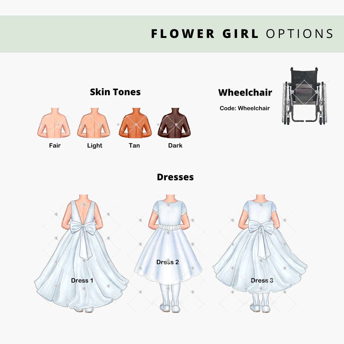 Customisation options include four skin tones (fair, light, tan, dark) and a wheelchair option. Three dress styles: Dress 1 has a back bow, Dress 2 features a waist belt and short sleeves, and Dress 3 includes a large back bow with short sleeves.