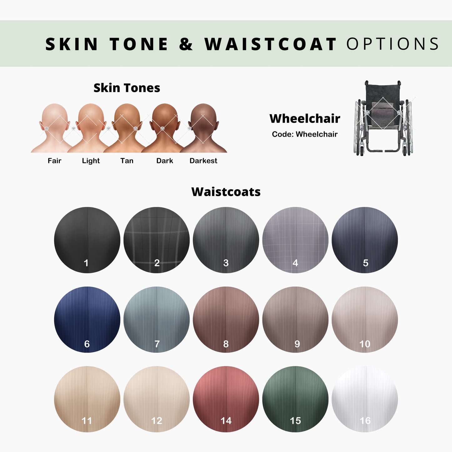 Skin tone and waistcoat options chart. Displays five skin tones ranging from fair to darkest. Below, 16 waistcoat colours are presented, including shades of black, grey, blue, brown, beige, pink, green, and white.