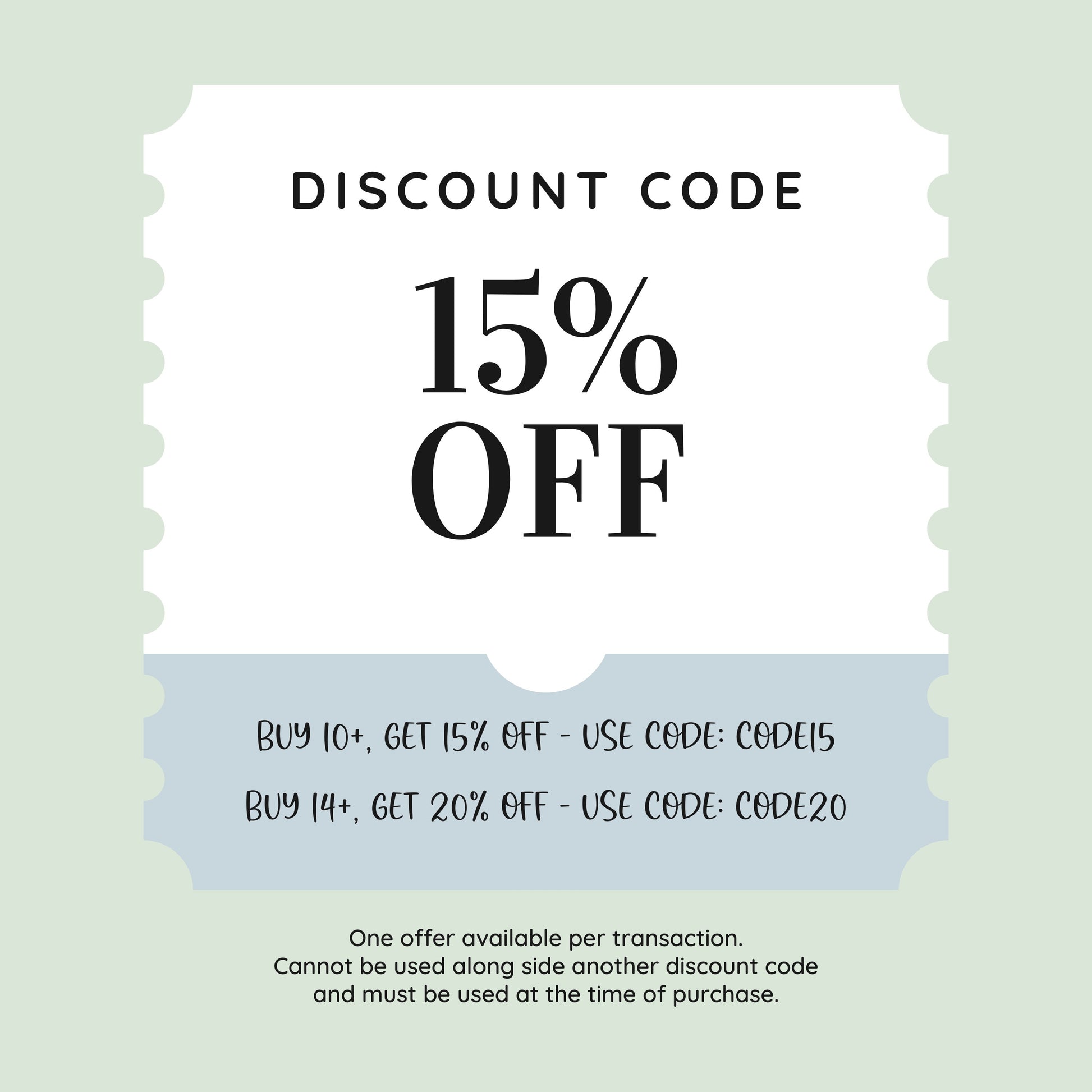 Discount code graphic offering 15% off with the code CODE15 when purchasing 10 or more items, and 20% off with the code CODE20 for 14 or more items. The fine print notes that only one offer can be used per transaction and must be applied at checkout.