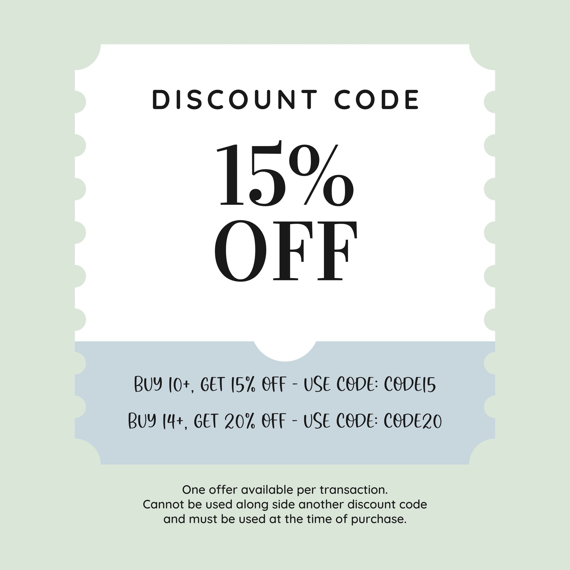 Discount code graphic offering 15% off with the code CODE15 when purchasing 10 or more items, and 20% off with the code CODE20 for 14 or more items. The fine print notes that only one offer can be used per transaction and must be applied at checkout.