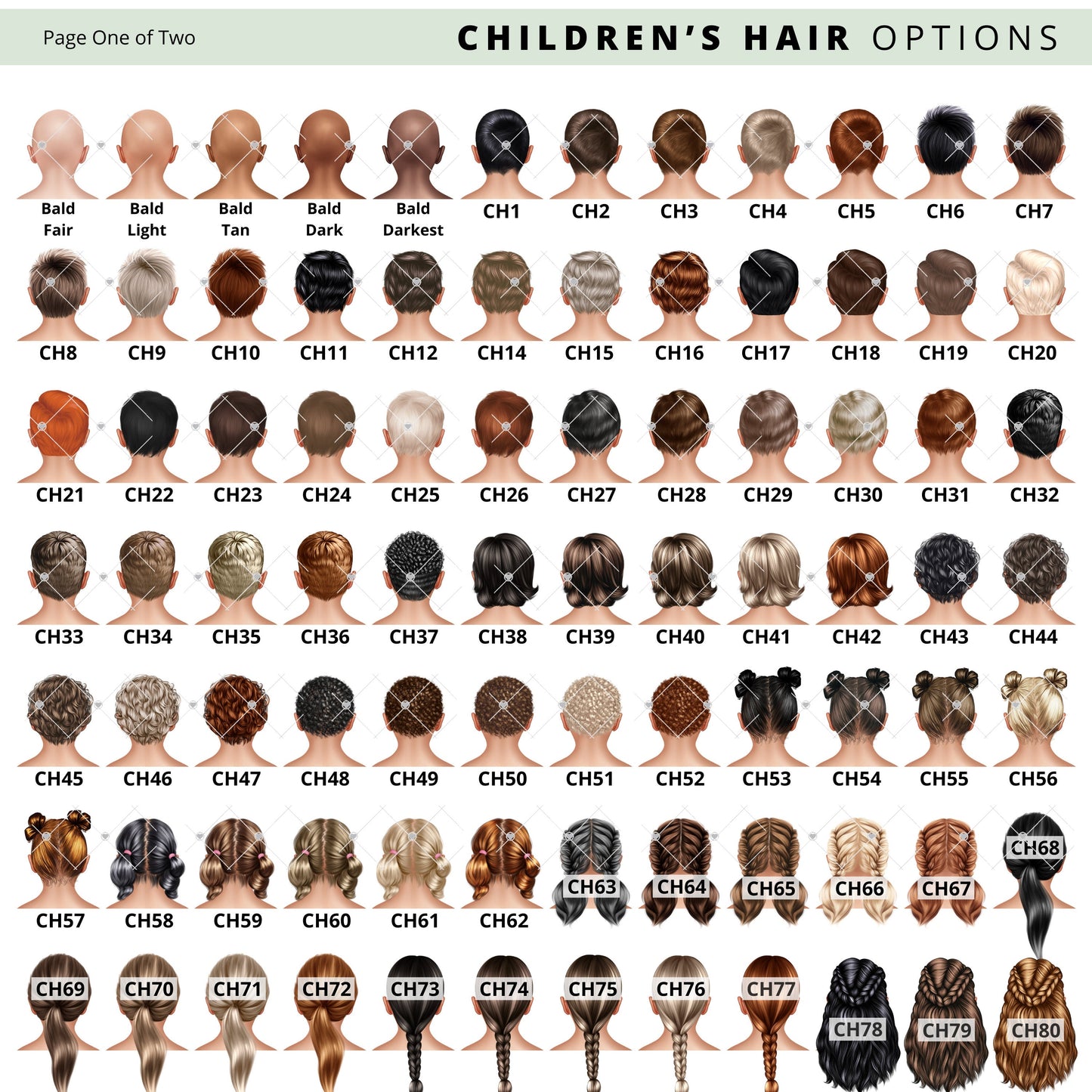 Childrens hair options chart displaying various hairstyles and colours, each labeled with a code. The chart shows short, medium, and long hair styles in a variety of shades.