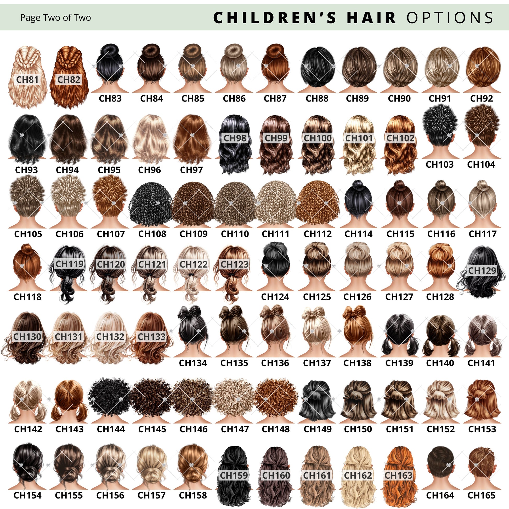 Childrens hair options chart displaying various hairstyles and colours, each labeled with a code. The chart shows short, medium, and long hair styles in a variety of shades.