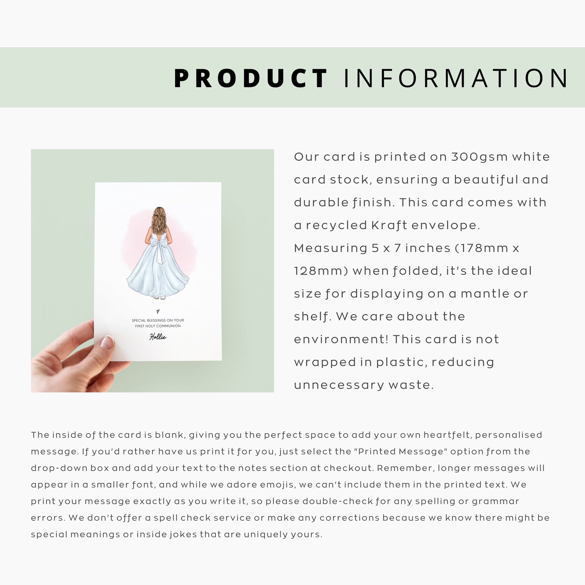 Product information graphic featuring a Personalised Baptism and Christening card. The card is printed on 300gsm white card stock and comes with a recycled Kraft envelope. The card measures 5x7 inches.