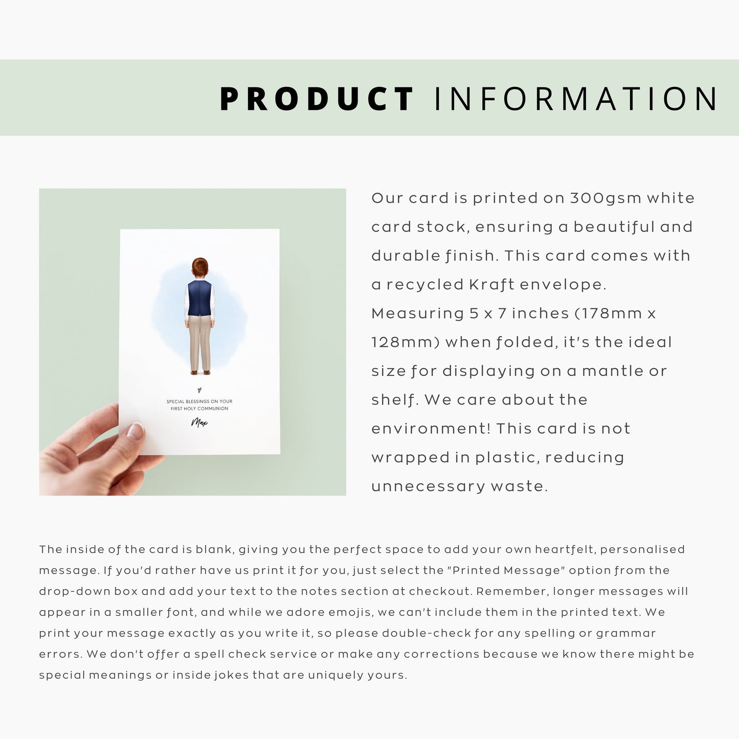 Product information graphic featuring a Personalised Baptism and Christening card. The card is printed on 300gsm white card stock and comes with a recycled Kraft envelope. The card measures 5x7 inches.