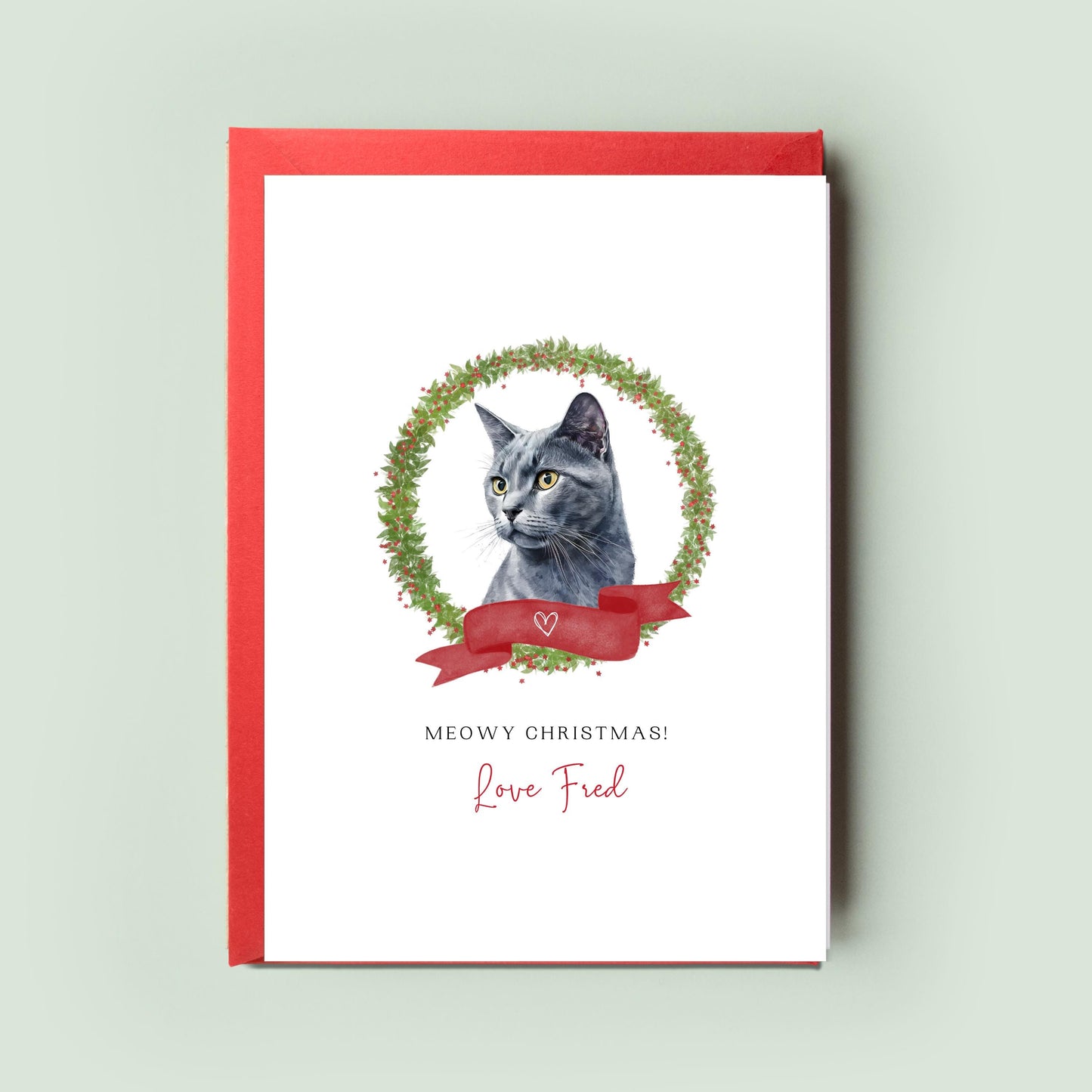 Russian Blue Cat Christmas Card - Unique 'From the Cat' Christmas Greetings for Cat Mum & Dad - Personalised Pet Card for Cat Lovers