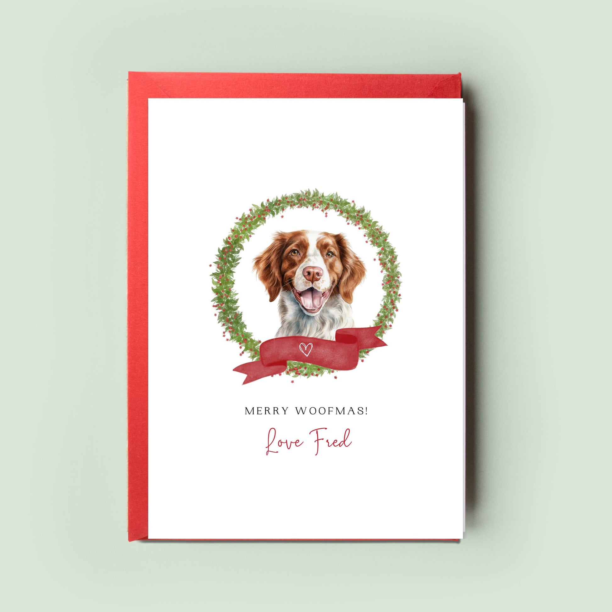 Brittany Spaniel Christmas Card – From the Dog with Love, Christmas Card for Dog Mum & Dad, Personalised Pet Card Festive Season