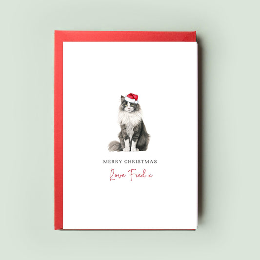 Norwegian Forest Cat Illustration Christmas Card, Personalised Greeting Card for Cat Dad, Cat Mum, Cat Sitter, Pet Christmas Card, From Cat