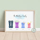 Personalised family welly print featuring colourful wellies for each family member, including pets. Custom names and accessories on a white background. Ideal as a unique family portrait for new baby, home, Mother’s Day, or Christmas gift.