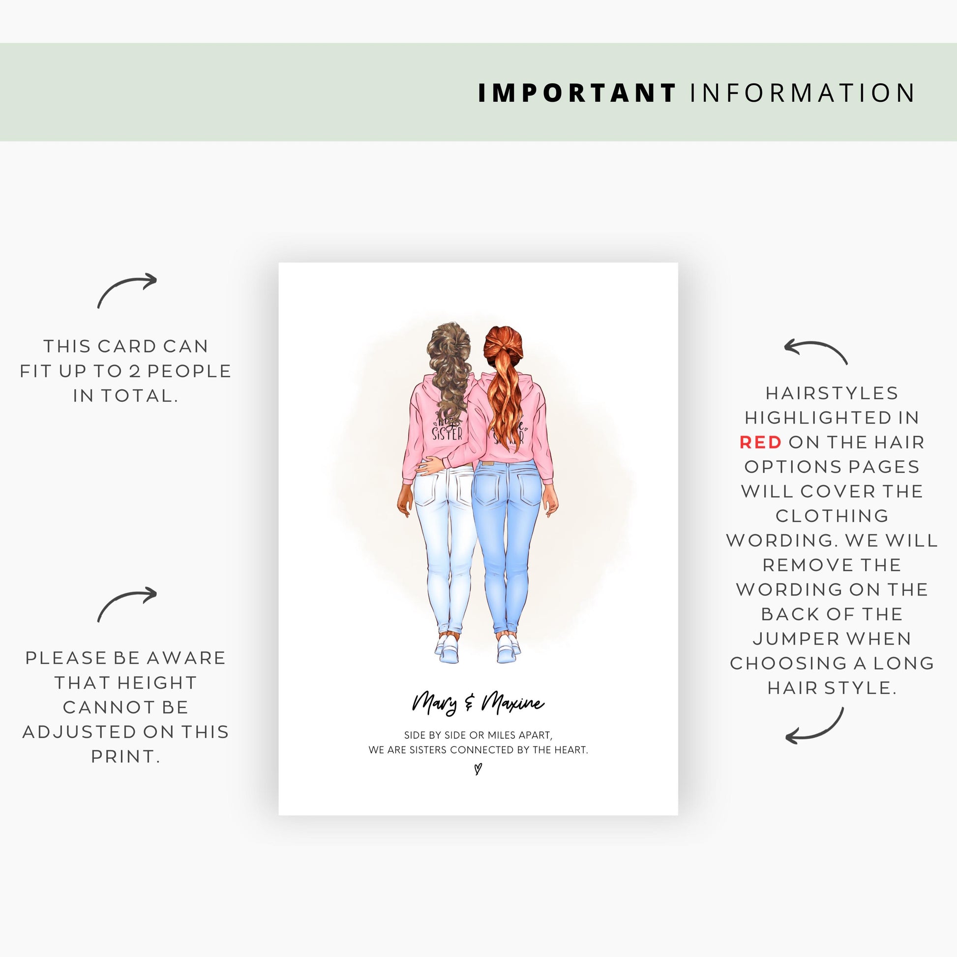 Important information graphic showing two women in ‘Lil Sis’ and ‘Big Sis’ jumpers. Text explains the card fits up to two people, height cannot be adjusted, and some hairstyles may cover jumper wording, with affected styles marked in red.