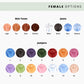 Female options chart showing skin tones (Light, Tan, Dark, Darkest), jean styles (White, Black, Blue, Washed), and jumper colours (1 to 15) including shades of blue, purple, green, red, pink, and orange