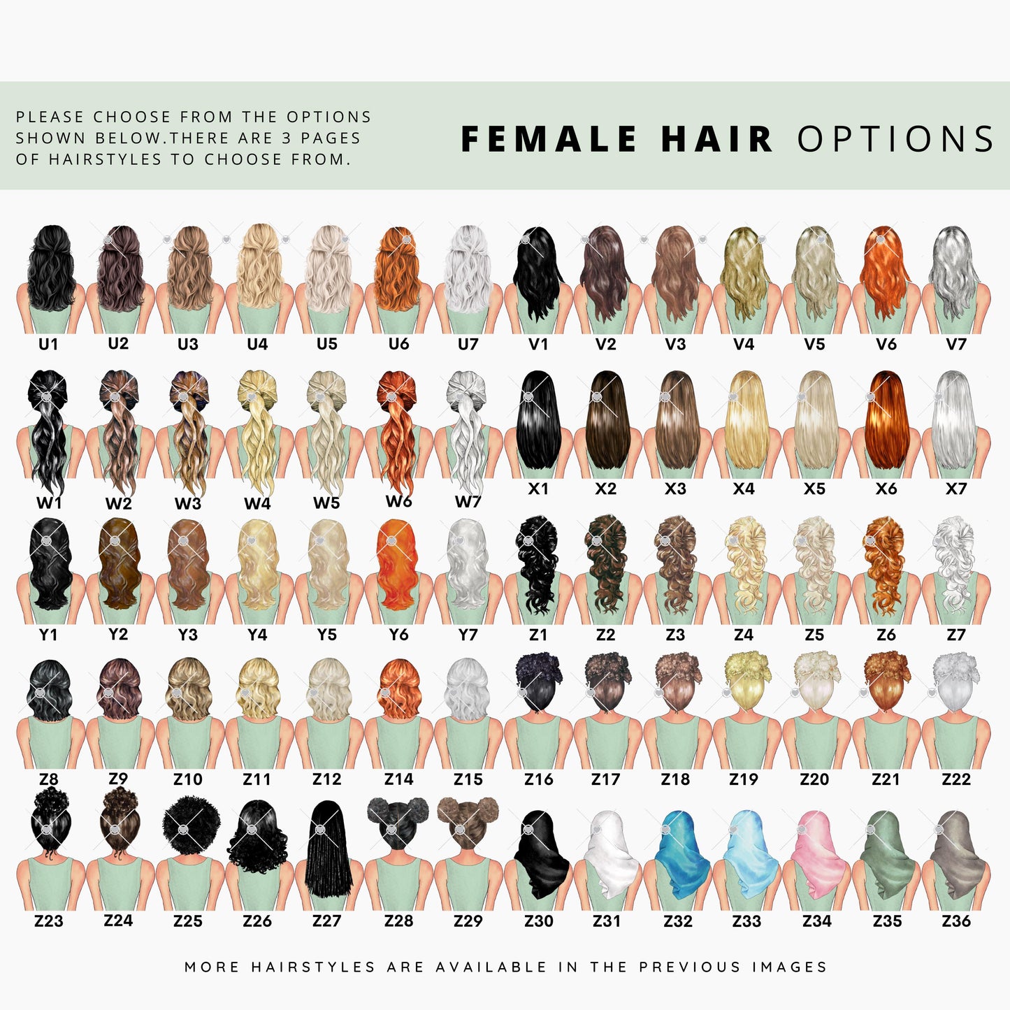 Female hair options chart with various hairstyles and colours, labeled U1 to Z36 Includes short, medium, and long styles in different shades. Note: some hairstyles may cover jacket wording, and these are marked in red on the hairstyle pages.