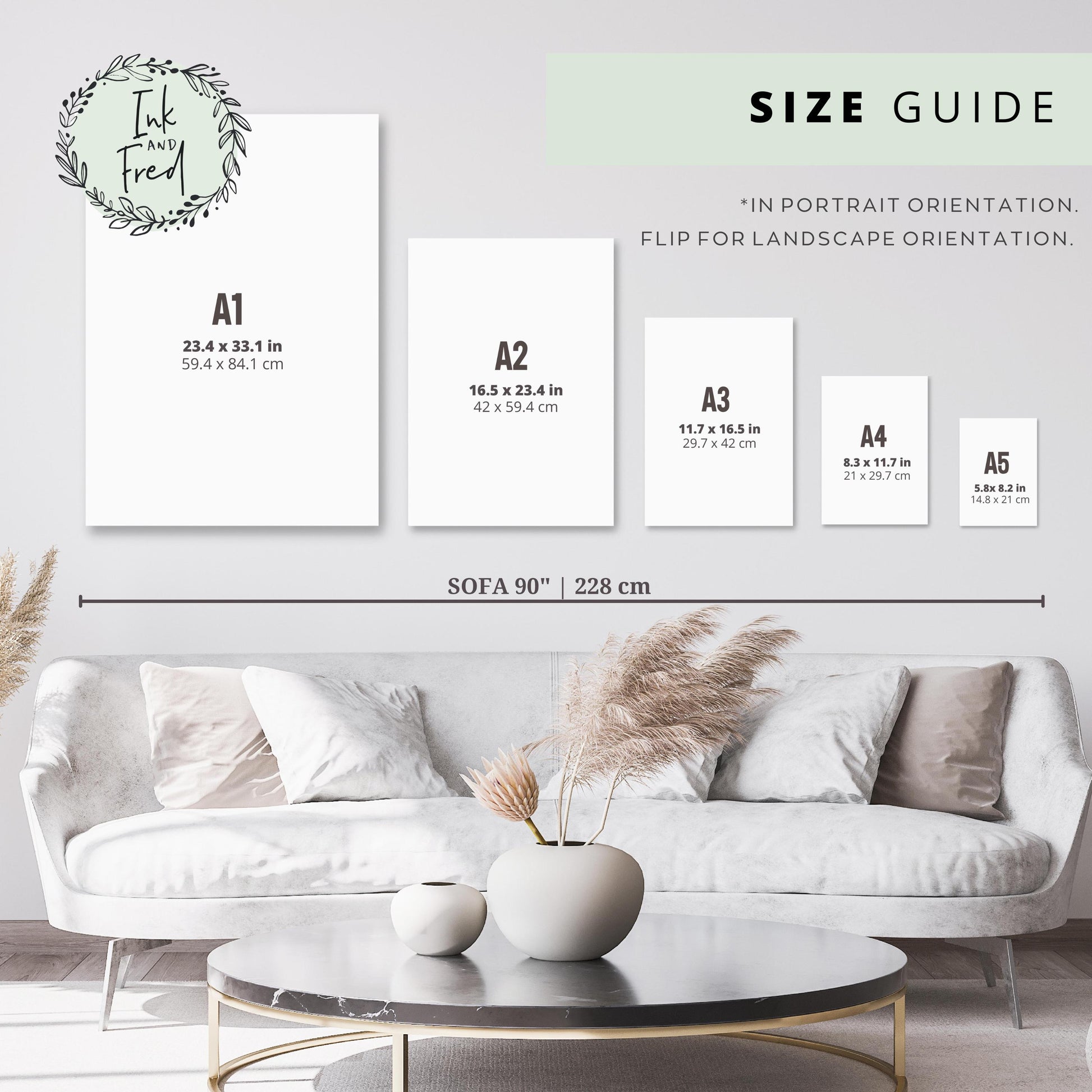 Size guide showing five print sizes (A1 to A5) in portrait orientation displayed above a sofa for scale. Sizes range from A1 (23.4 x 33.1 in) to A5 (5.8 x 8.2 in). The sofa is 90 inches (228 cm) wide, providing a visual comparison of print sizes.