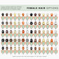 Female hair options chart with various hairstyles and colours, labeled A1 to J7. Includes short, medium, and long styles in different shades. Note: some hairstyles may cover jacket wording, and these are marked in red on the hairstyle pages.