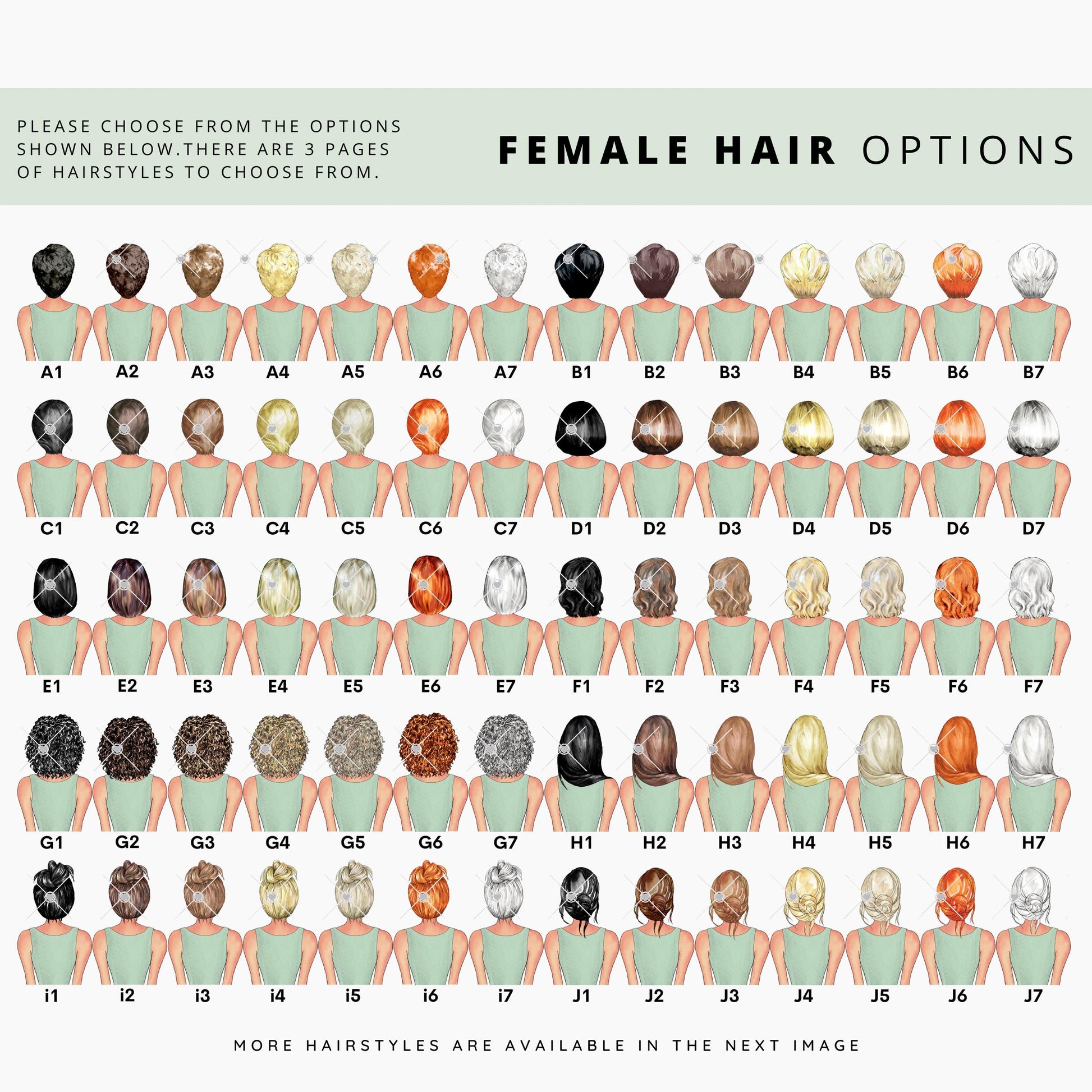 Female hair options chart with various hairstyles and colours, labeled A1 to J7. Includes short, medium, and long styles in different shades. Note: some hairstyles may cover jacket wording, and these are marked in red on the hairstyle pages.