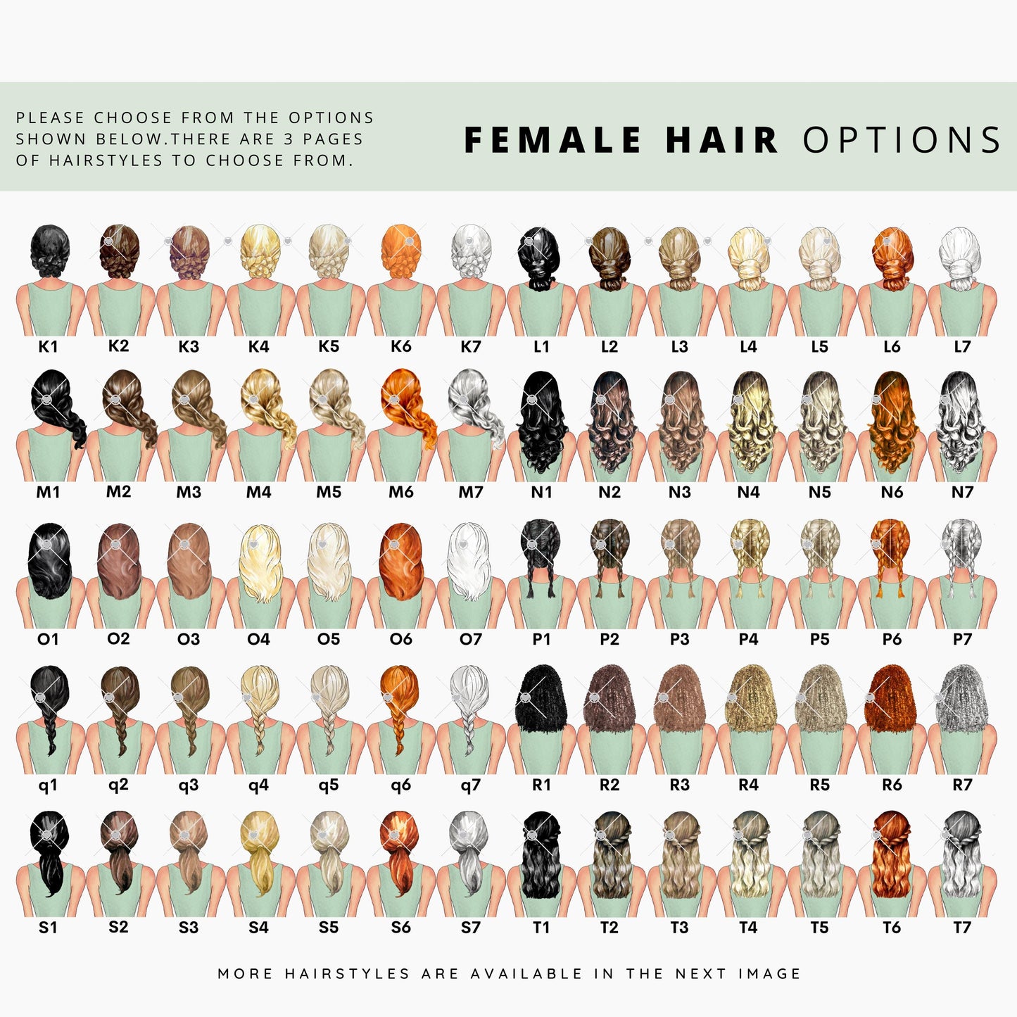 Female hair options chart with various hairstyles and colours, labeled K1 to T7. Includes short, medium, and long styles in different shades. Note: some hairstyles may cover jacket wording, and these are marked in red on the hairstyle pages.