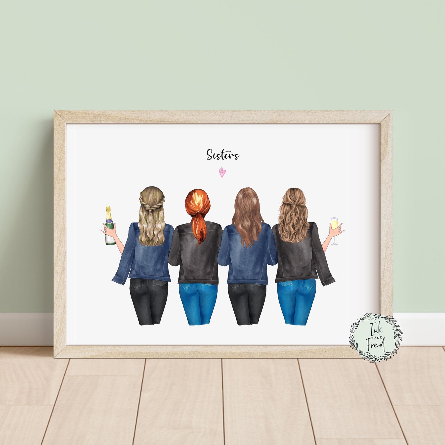 Customisable sisters print featuring two women standing side by side. Personalised options for skin tone, clothing, and hair. Clean white background with minimalistic design. Perfect for a personalised gift to celebrate sisterhood and friendship.