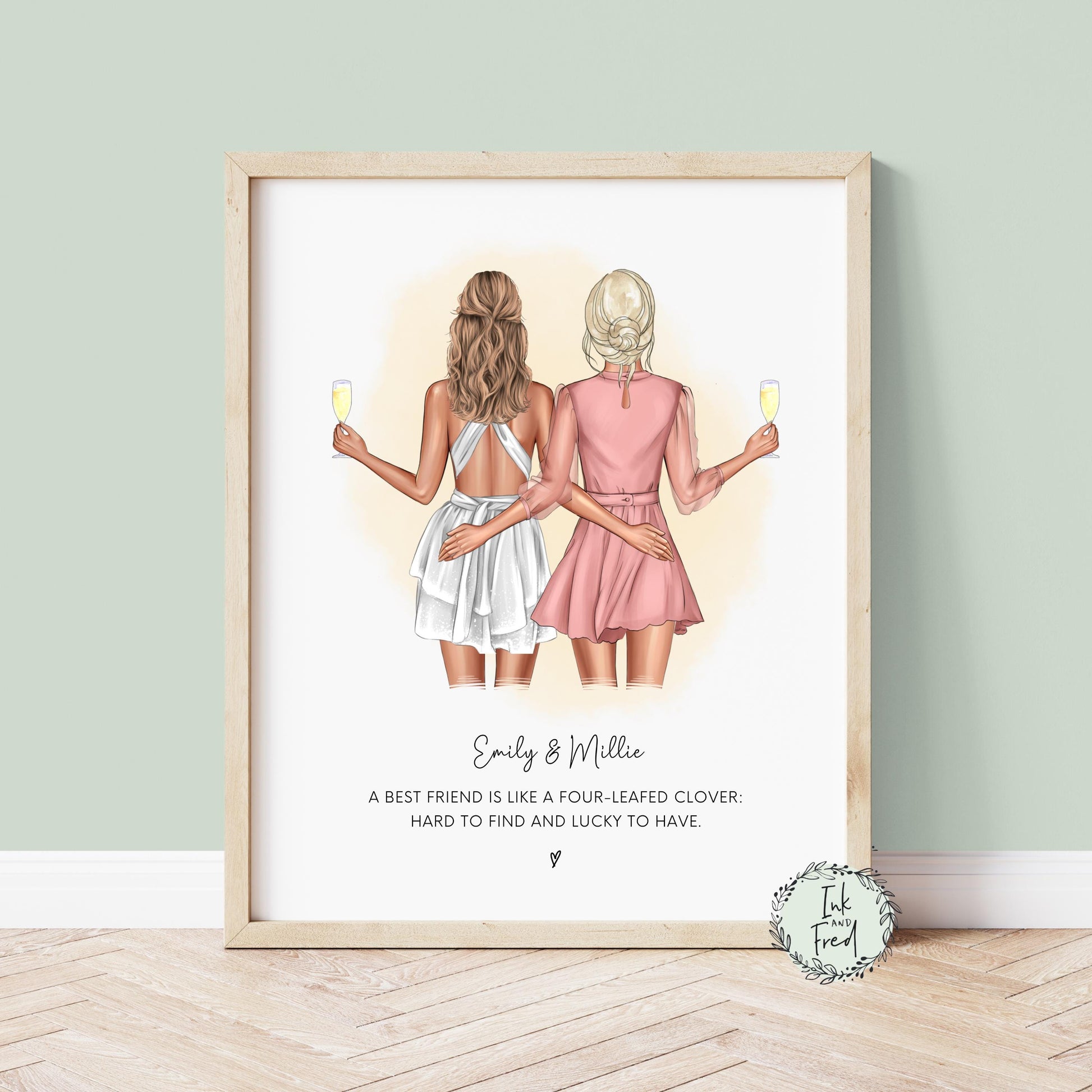 Personalised best friend print featuring two women, customisable with different hairstyles, skin tones and outfits. The print includes a heartfelt quote, designed on high-quality white card stock with a soft sheen. Unframed, multiple sizes available.