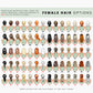 Female hair options chart with various hairstyles and colours, labeled K1 to T7. Includes short, medium, and long styles in different shades. Note: some hairstyles may cover jacket wording, and these are marked in red on the hairstyle pages.