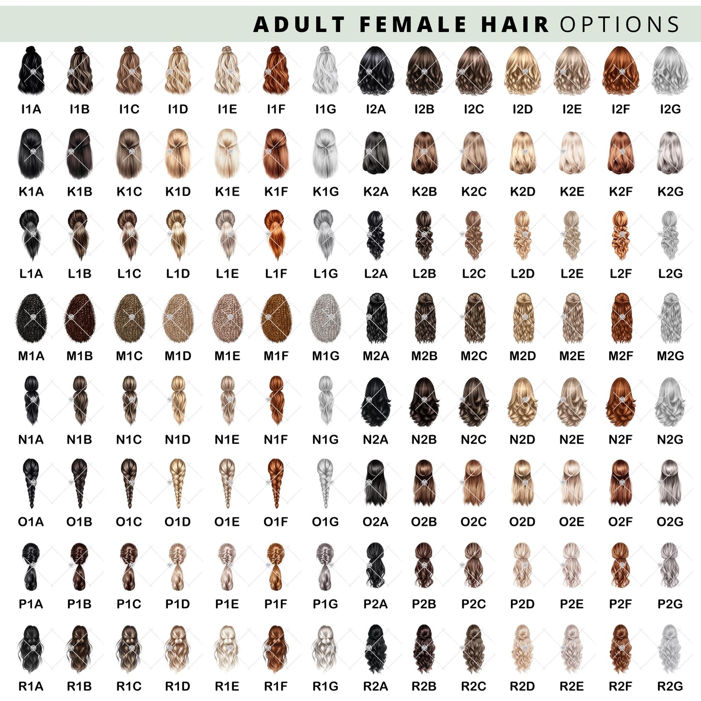 Adult female hair options chart with various hairstyles and colours. Includes short, medium, and long styles in different shades.