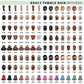 Adult female hair options chart with various hairstyles and colours. Includes short, medium, and long styles in different shades.