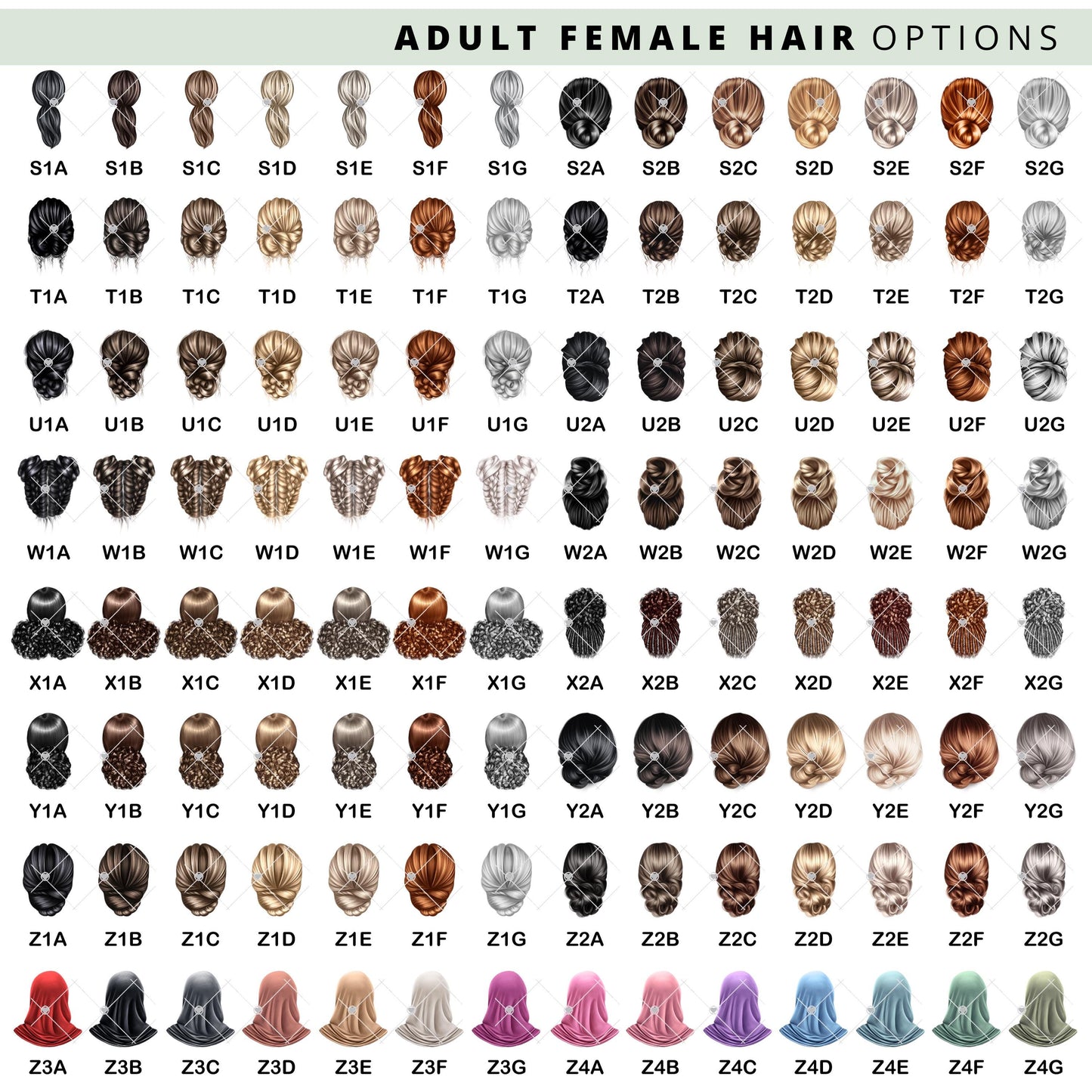 Adult female hair options chart with various hairstyles and colours. Includes short, medium, and long styles in different shades.