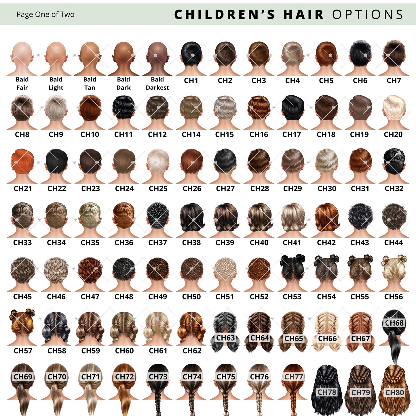 Childrens hair options chart with various hairstyles and colours. Includes short, medium, and long styles in different shades.