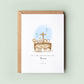 Personalised Christening card featuring a wooden ark with animals, including lions, elephants, and a giraffe, with a cross on top. Soft blue hearts are in the background. Text reads “On your Christening Day,” followed by the name and date.