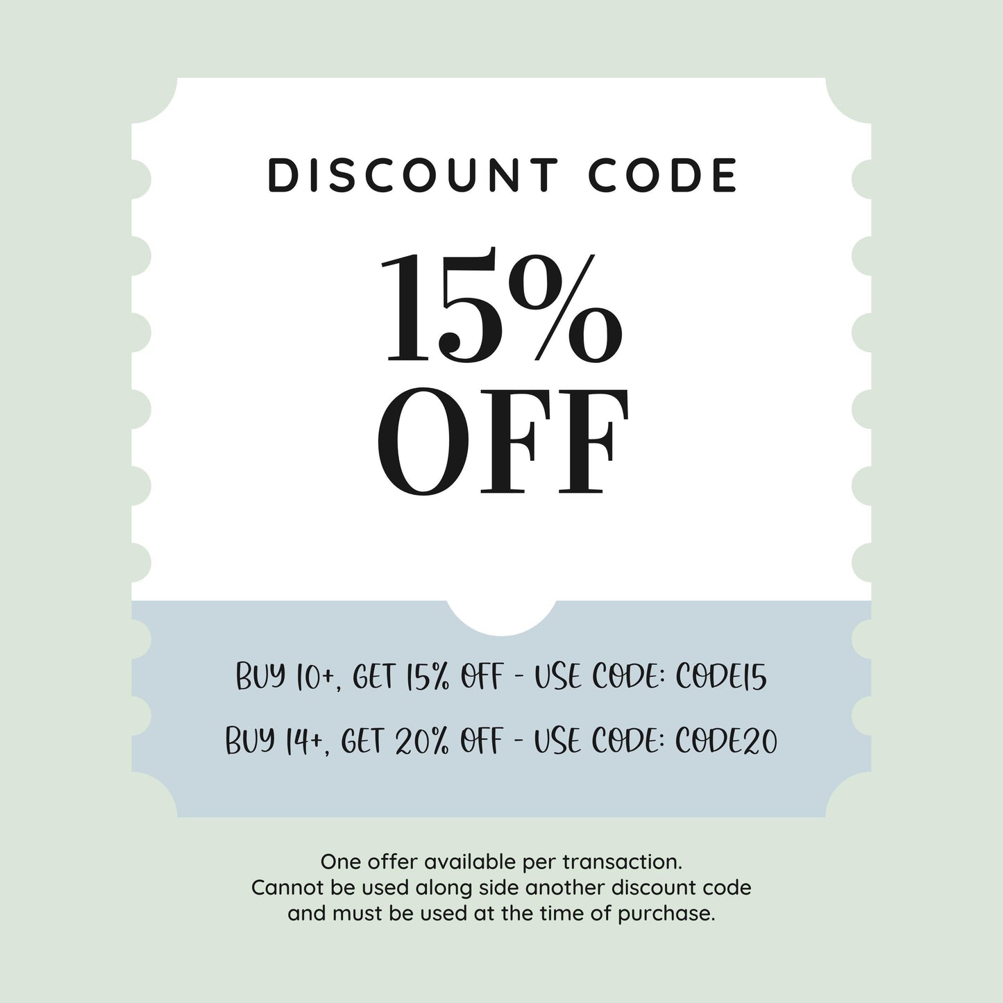 Discount code graphic offering 15% off with the code CODE15 when purchasing 10 or more items, and 20% off with the code CODE20 for 14 or more items. The fine prin