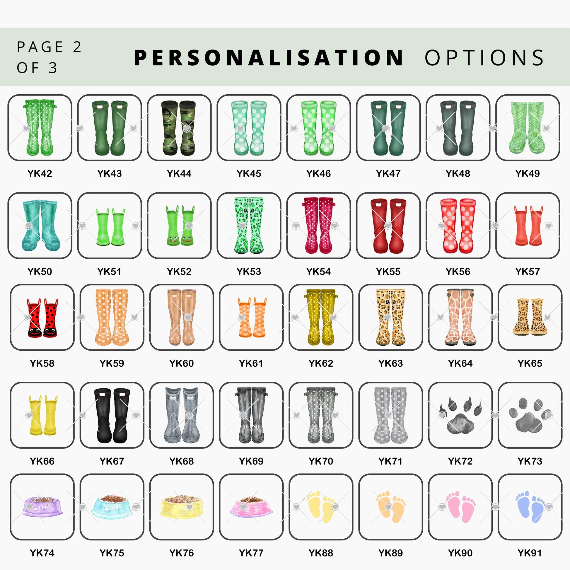 Page 2 of 3 displaying personalisation options for wellington boots and accessories in various green, orange, beige, and grey designs. Additional options include paw prints, bowls, and baby footprints. Each item is labeled with a code (YK42 to YK91).