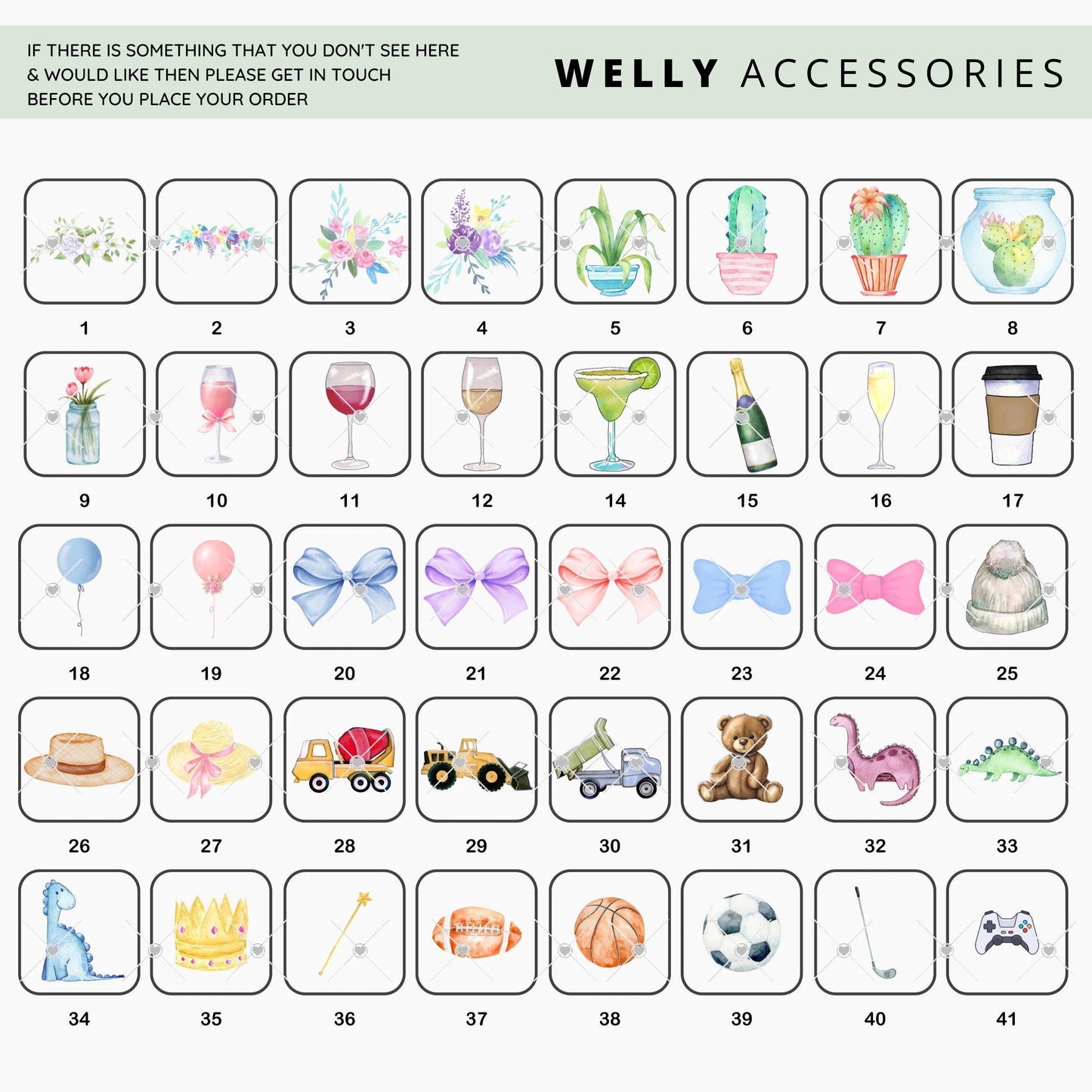 Page of welly accessories showing various items including flowers, drinks, balloons, bows, hats, toy trucks, animals, sports balls, and more. Each accessory is labeled with a number (1 to 41) for personalisation options.