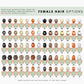 Female hair options chart with various hairstyles and colours, labeled A1 to J7. Includes short, medium, and long styles in different shades. Note: some hairstyles may cover jacket wording, and these are marked in red on the hairstyle pages.