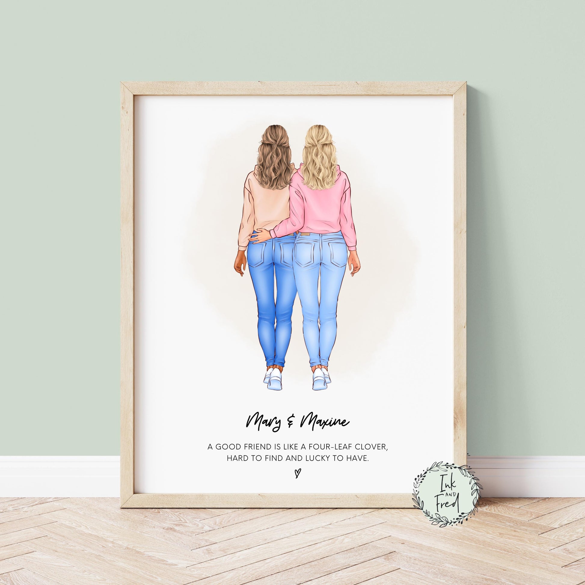 Personalised best friend print featuring two women standing side by side with customisable clothing, hairstyles and skin tones. Text is included beneath the figures. The print is on a white background, highlighting a heartfelt friendship message.