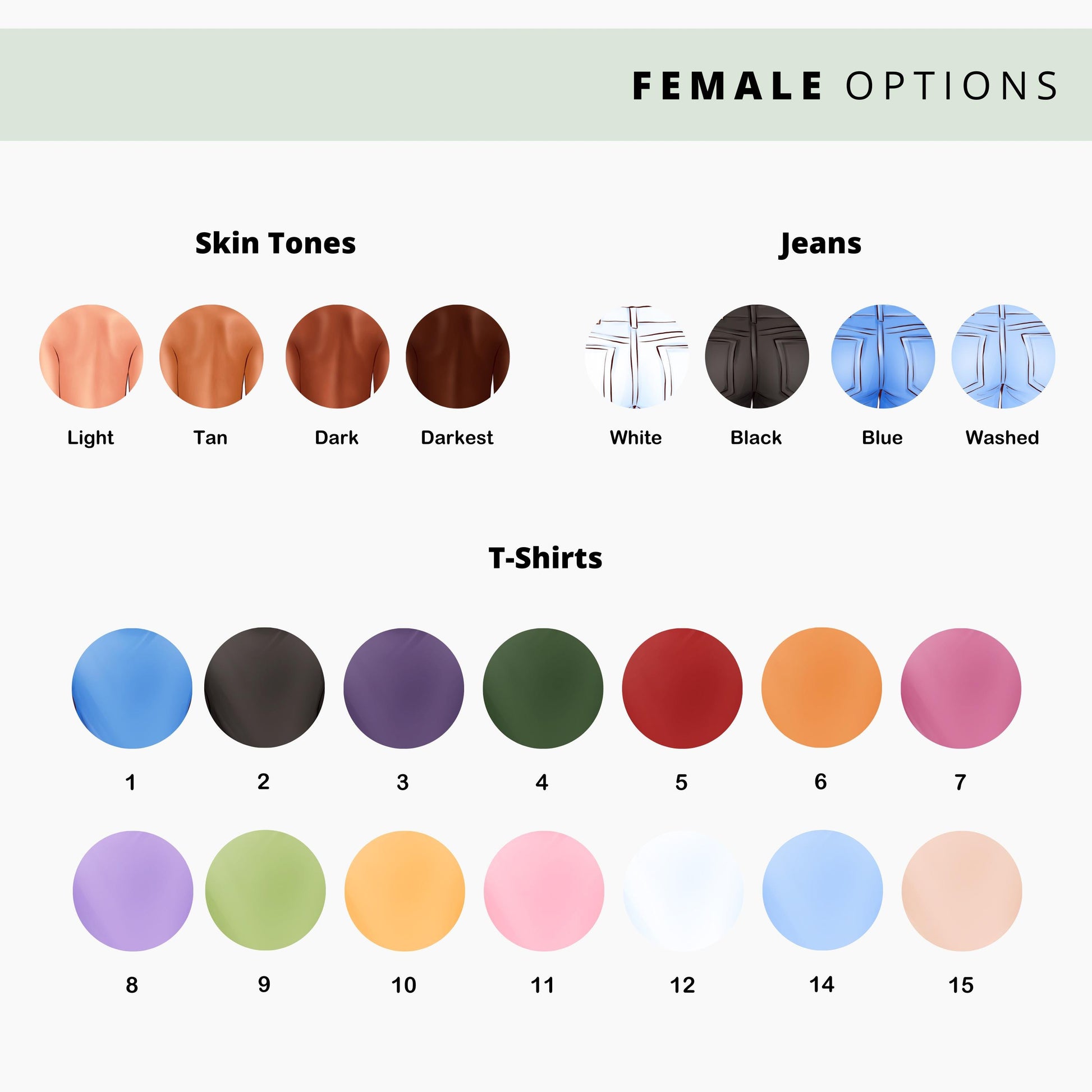 Female options chart showing skin tones (Light, Tan, Dark, Darkest), jean styles (White, Black, Blue, Washed), and jumper colours (1 to 15) including shades of blue, purple, green, red, pink, and orange