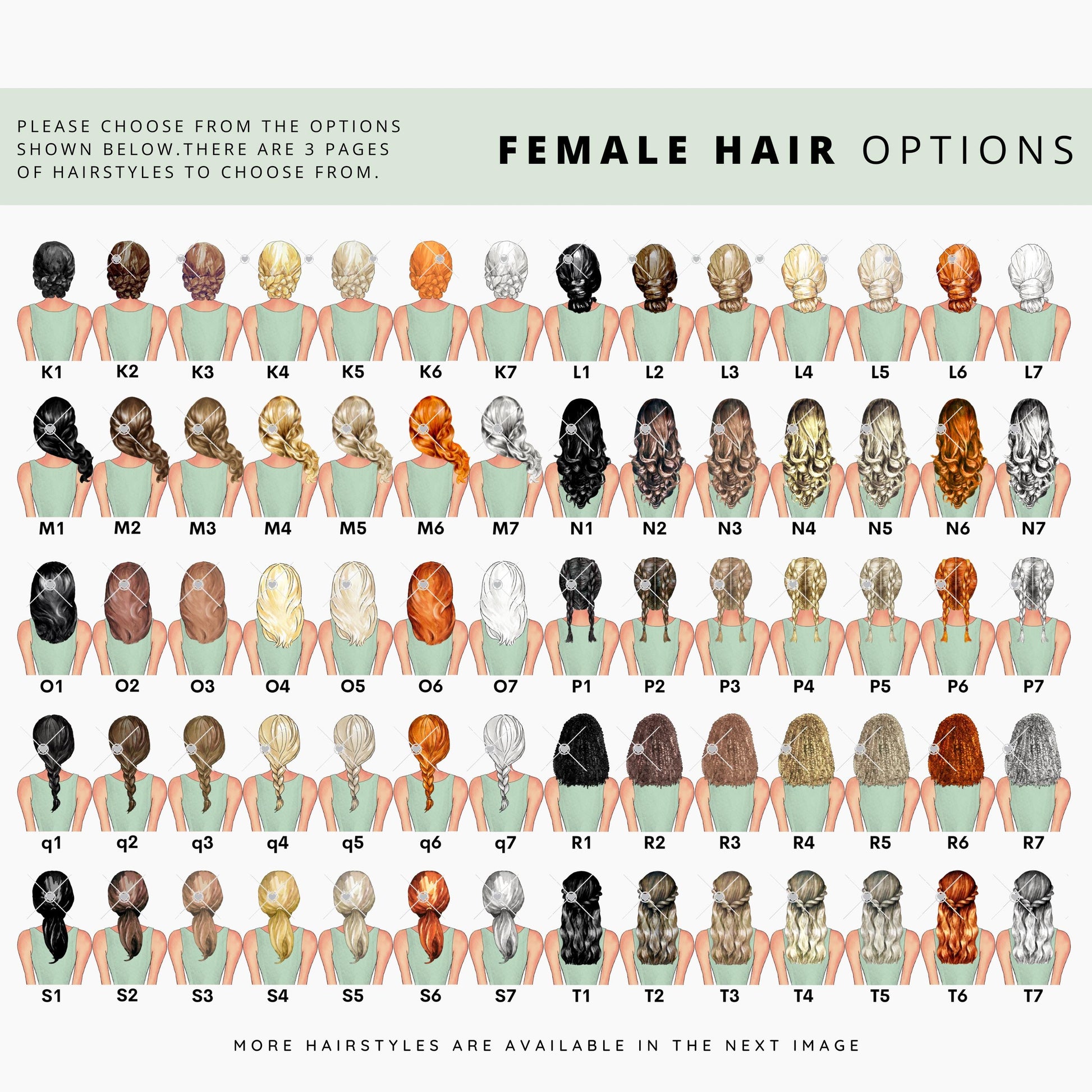 Female hair options chart with various hairstyles and colours, labeled K1 to T7. Includes short, medium, and long styles in different shades. Note: some hairstyles may cover jacket wording, and these are marked in red on the hairstyle pages.