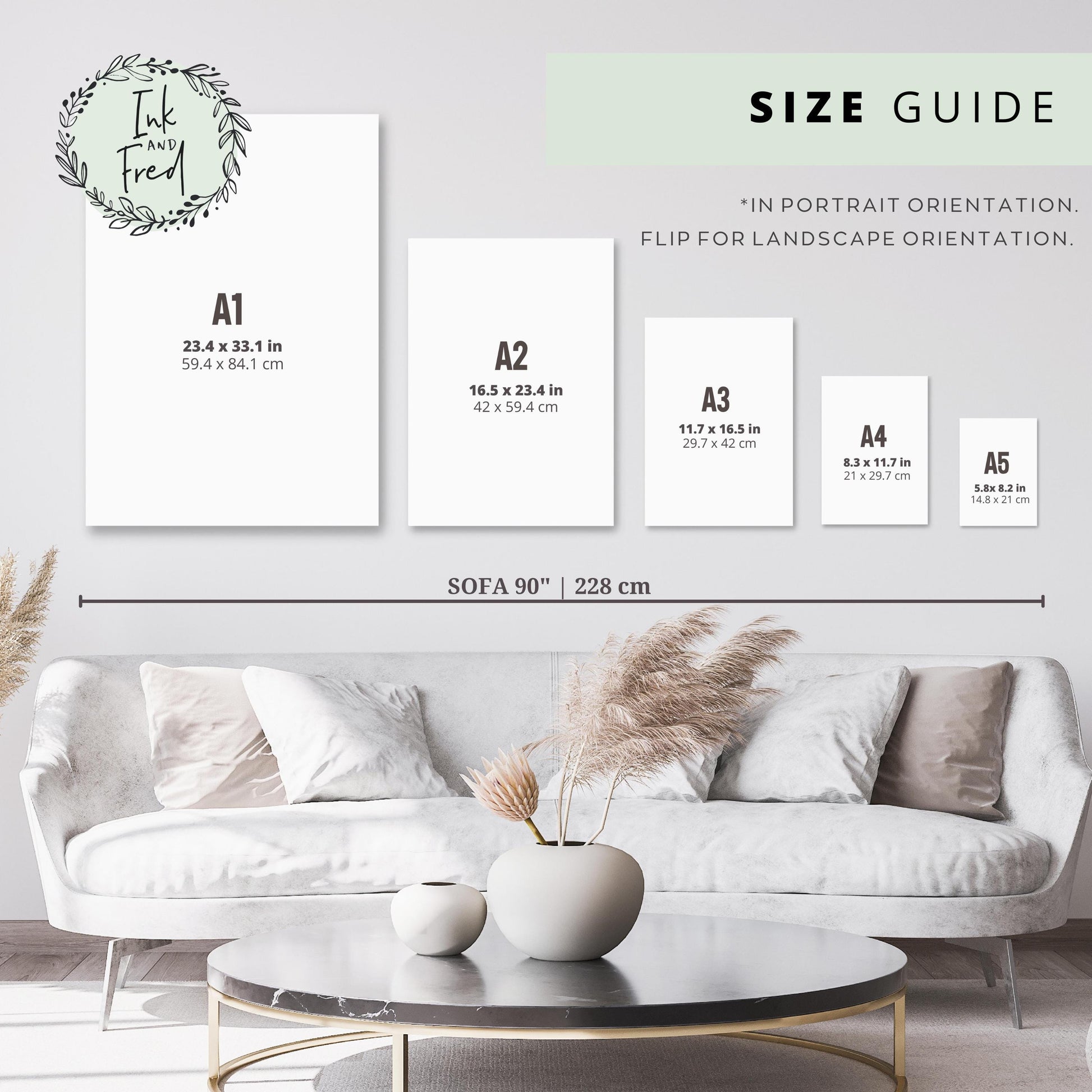 Size guide showing five print sizes (A1 to A5) in portrait orientation displayed above a sofa for scale. Sizes range from A1 (23.4 x 33.1 in) to A5 (5.8 x 8.2 in). The sofa is 90 inches (228 cm) wide, providing a visual comparison of print sizes.