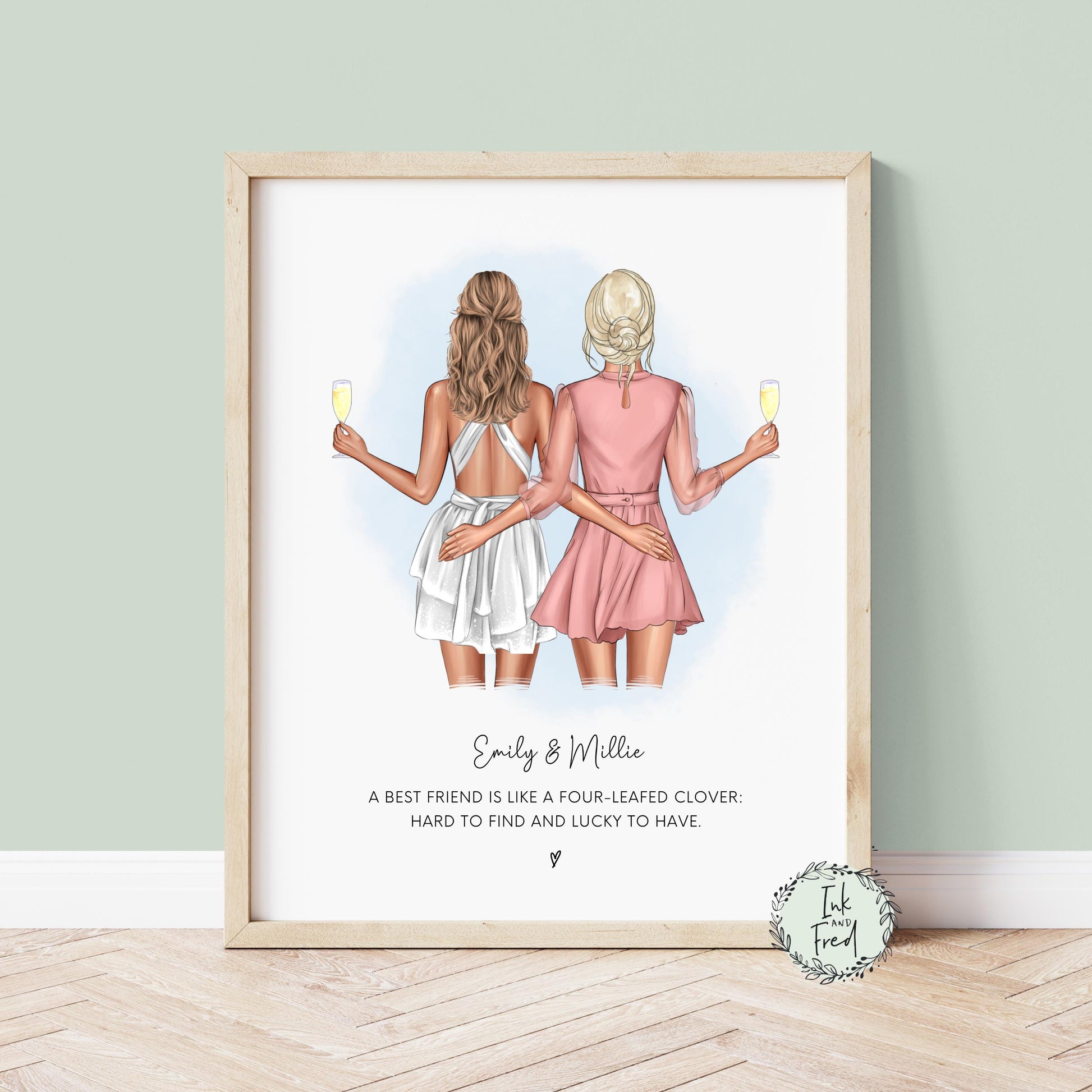 Personalised best friend print featuring two women, customisable with different hairstyles, skin tones and outfits. The print includes a heartfelt quote, designed on high-quality white card stock with a soft sheen. Unframed, multiple sizes available.